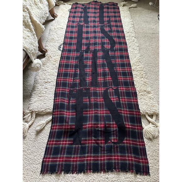 ALLSAINTS wool scarf shawl red black checkered Plaid Wool Blend logo 26x78” - Picture 2 of 13